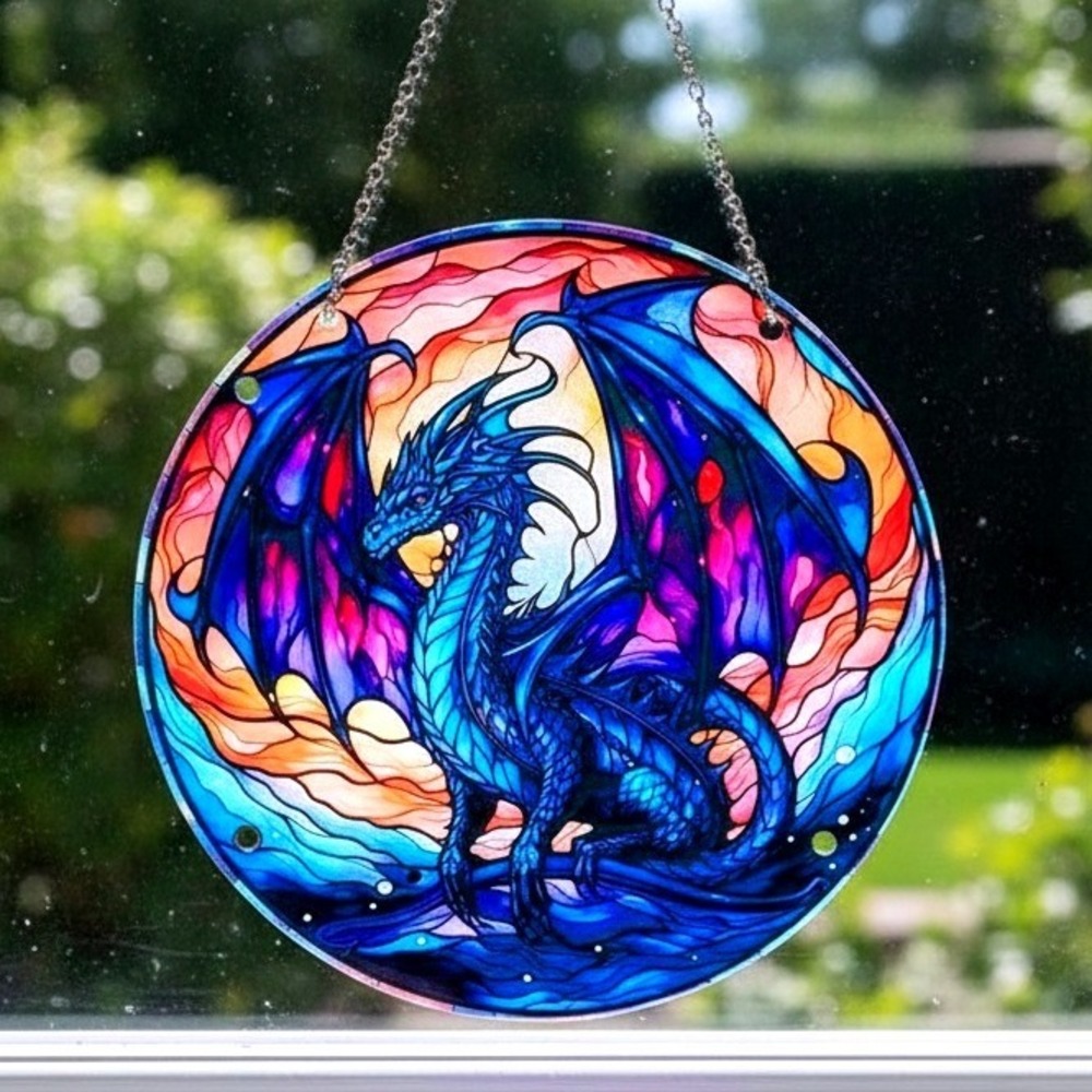 Blue‎ Purple Dragon Suncatcher - Gothic Fantasy Stained Glass Style Window Decor